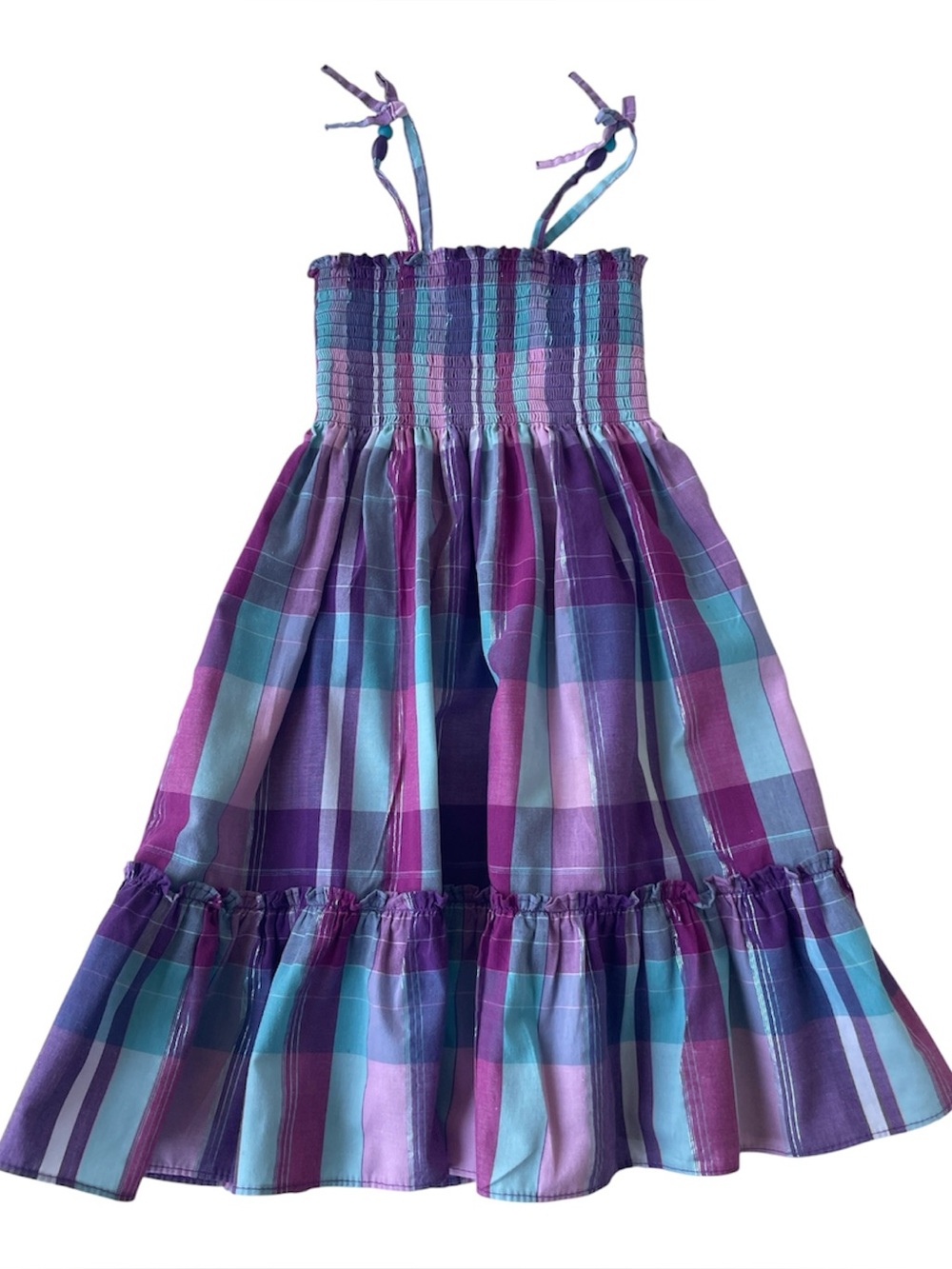 Jenny & Me Girls Size 8 Plaid Dress Smocked Tired Bottom Spaghetti Straps Beads